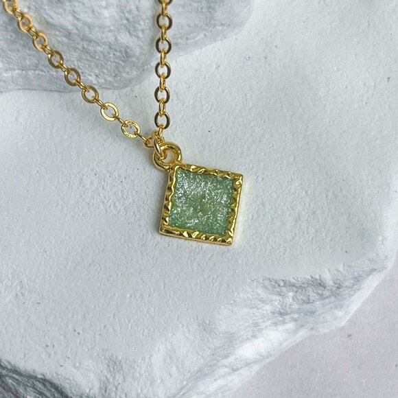 3/$20 14k Gold Green Glitter Resin Diamond Charm Handmade Pendant Necklace - Picture 5 of 7